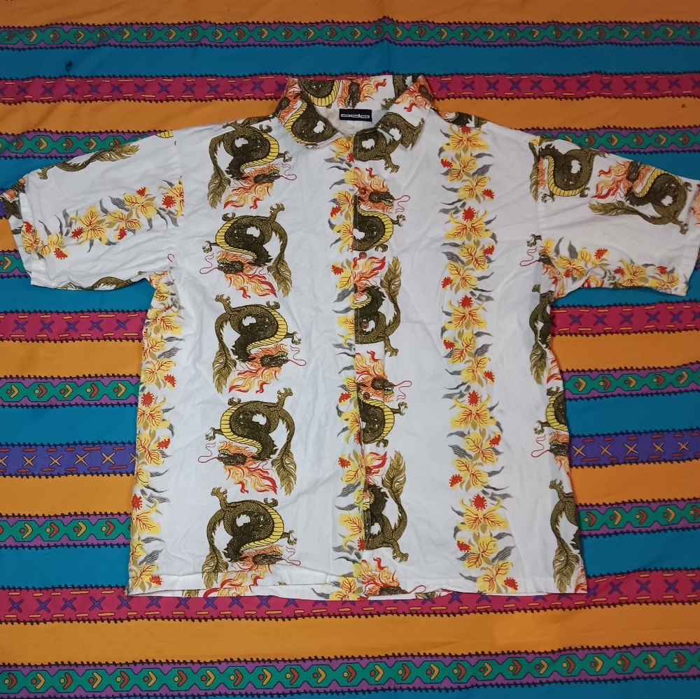 90s Dragon Floral Button Up Vintage Shirt Hawaiian Anime
